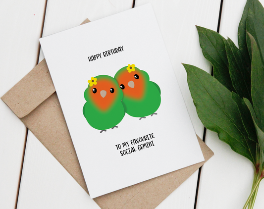 Gemini Lovebirds Birthday Card