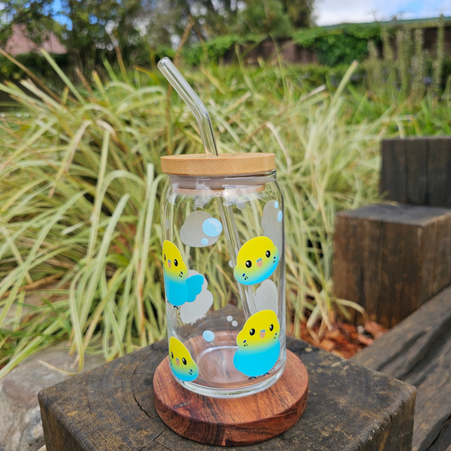 Rainbow Budgie Glass Tumbler
